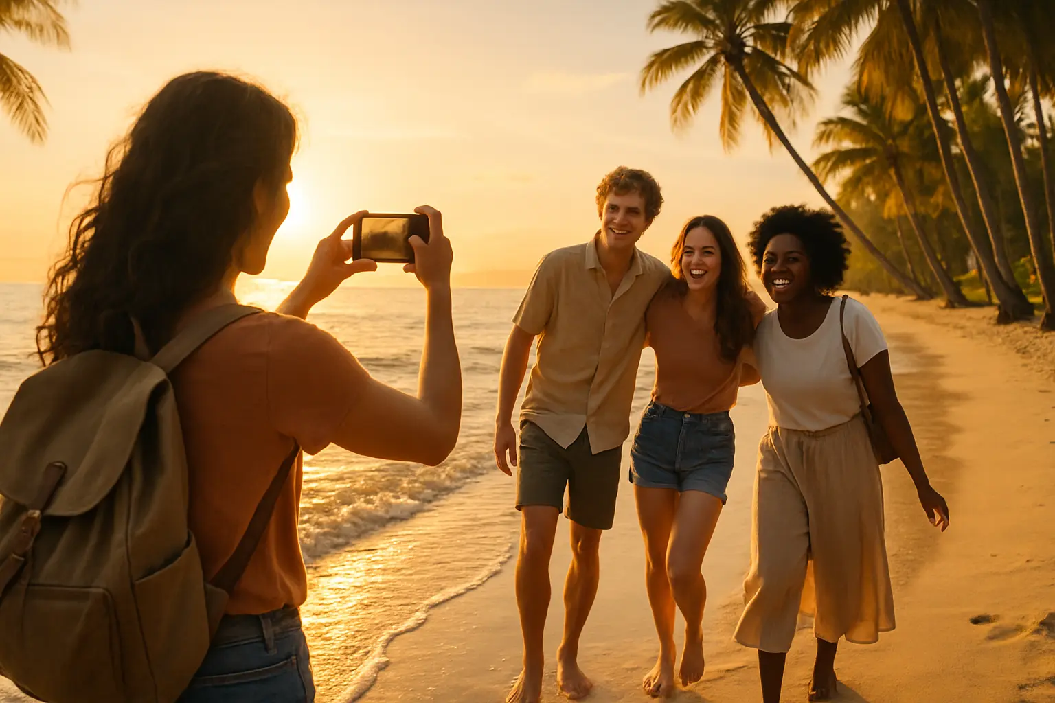 Friends walking along a tropical beach at sunset while taking Instagram photos of their beach vacation.