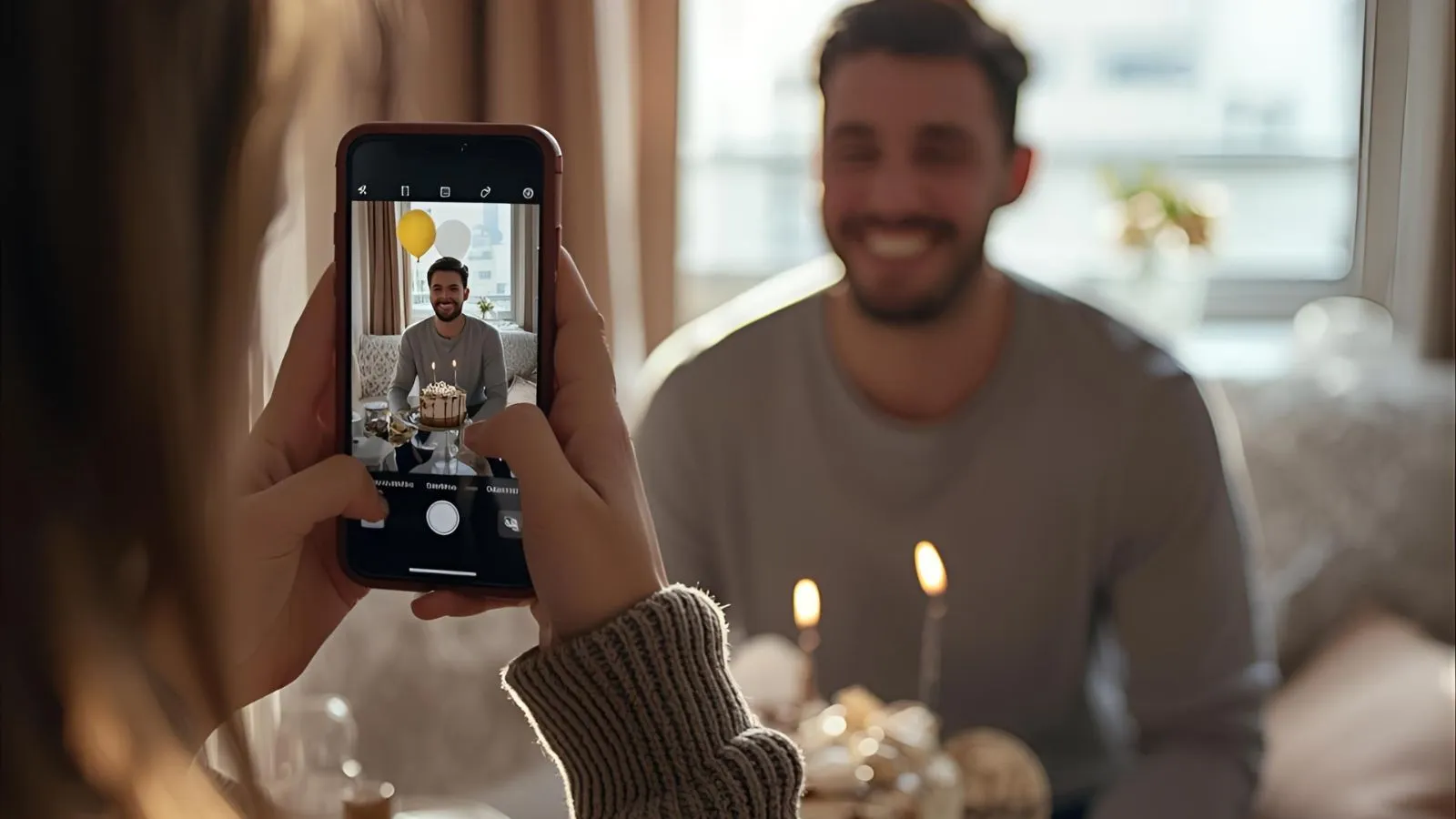 Girlfriend taking an Instagram photo of her boyfriend smiling behind a birthday cake and balloons in a cozy apartment.