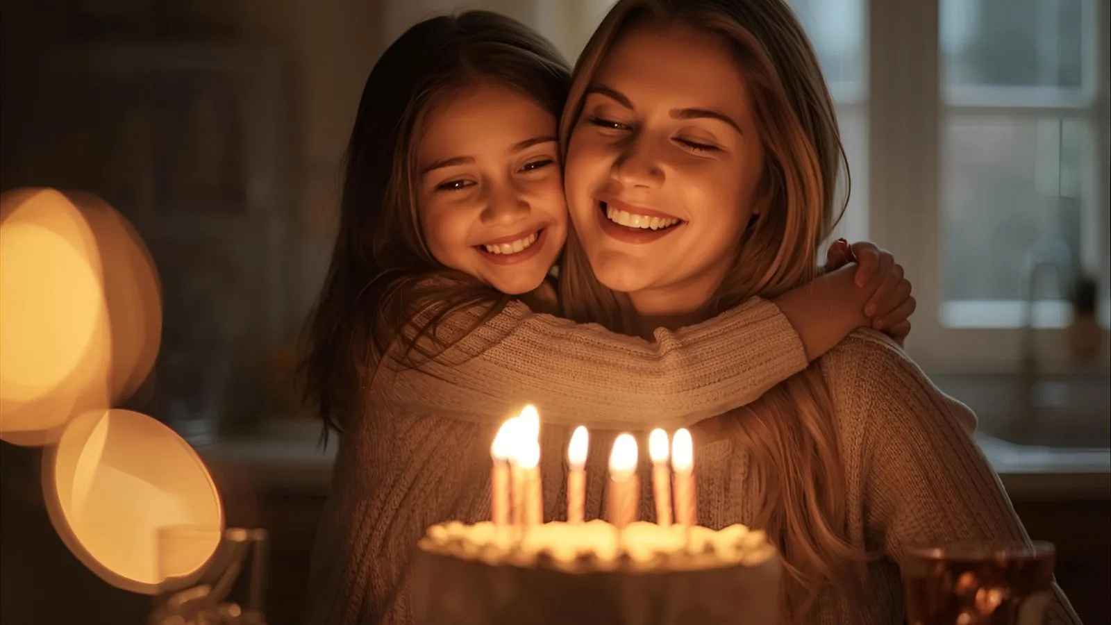 Daughter hugs mom by a birthday cake while smiling in warm kitchen light.
