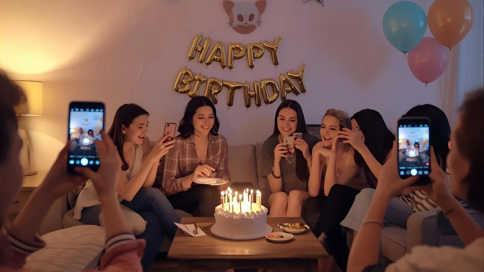 Friends at a small birthday party taking photos and typing Instagram birthday captions near a cake and balloons.