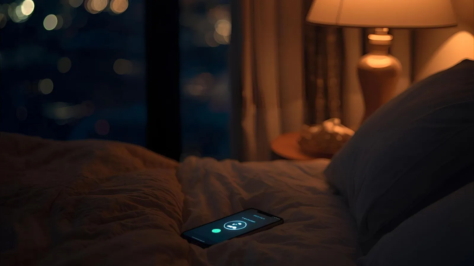 Phone on pillow during a late-night call with warm bedroom lighting.