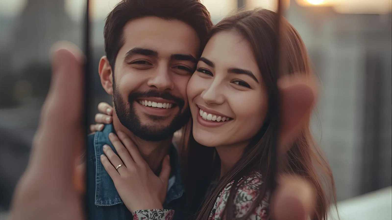 Couple at golden hour on a rooftop, soft candid moment.