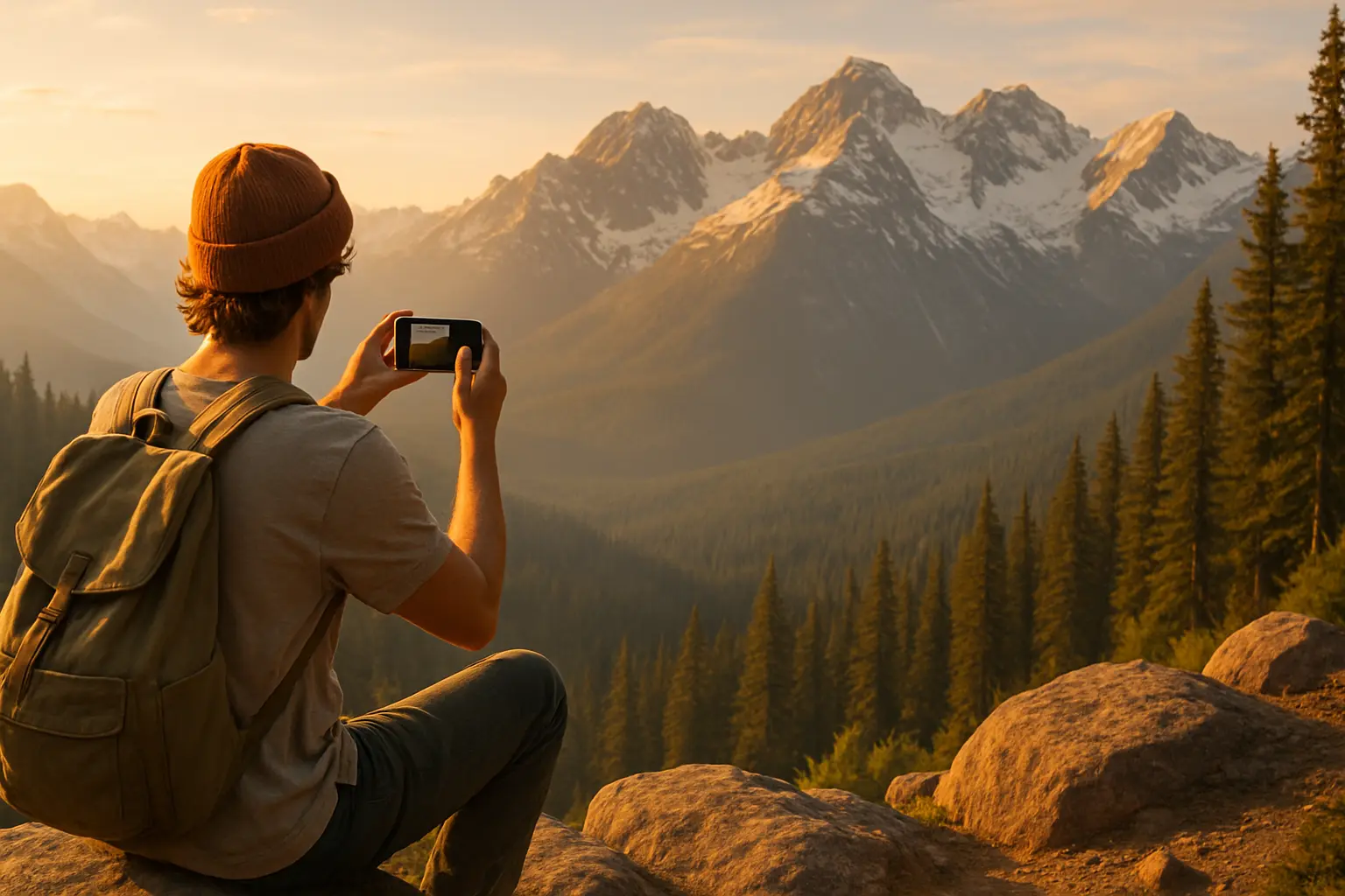 Hiker sitting on a rock taking a photo of a wide mountain view in warm golden light.
