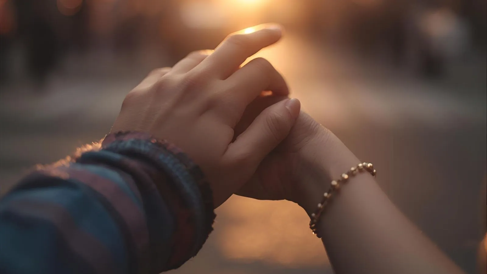 Two people holding hands at sunset, hinting a new relationship.