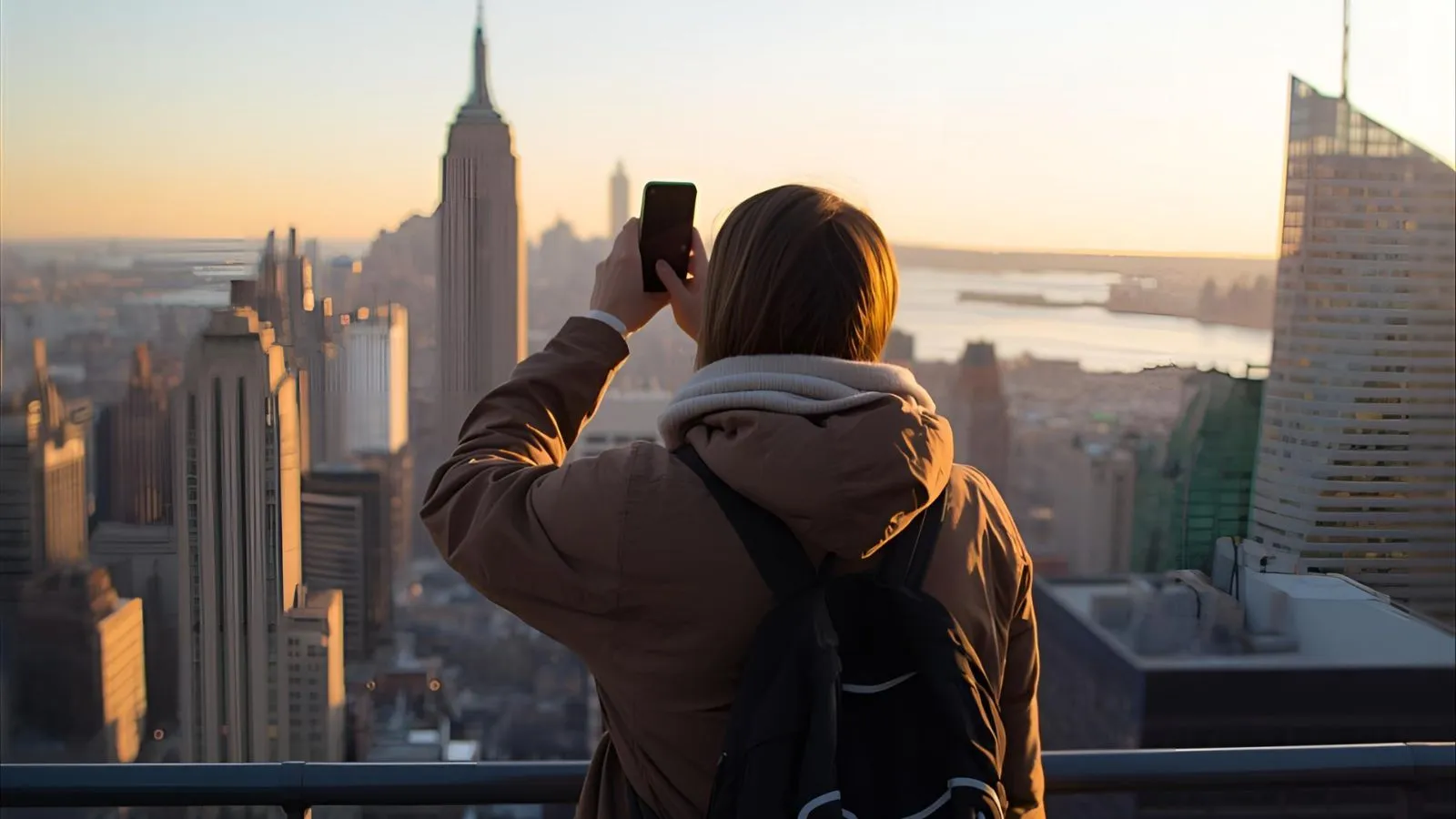 Visitor taking a phone photo of the New York City skyline from a rooftop at golden hour.