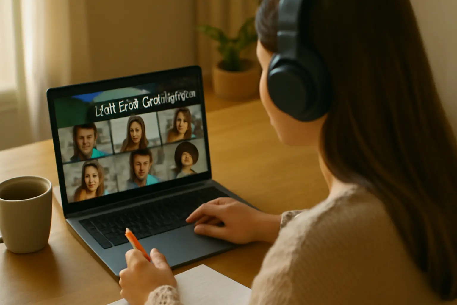 Student at a laptop in an online class with classmates on screen and study notes on the desk.