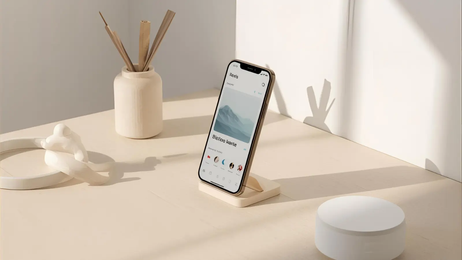 Phone showing an Instagram Reel edit on a neutral desk.