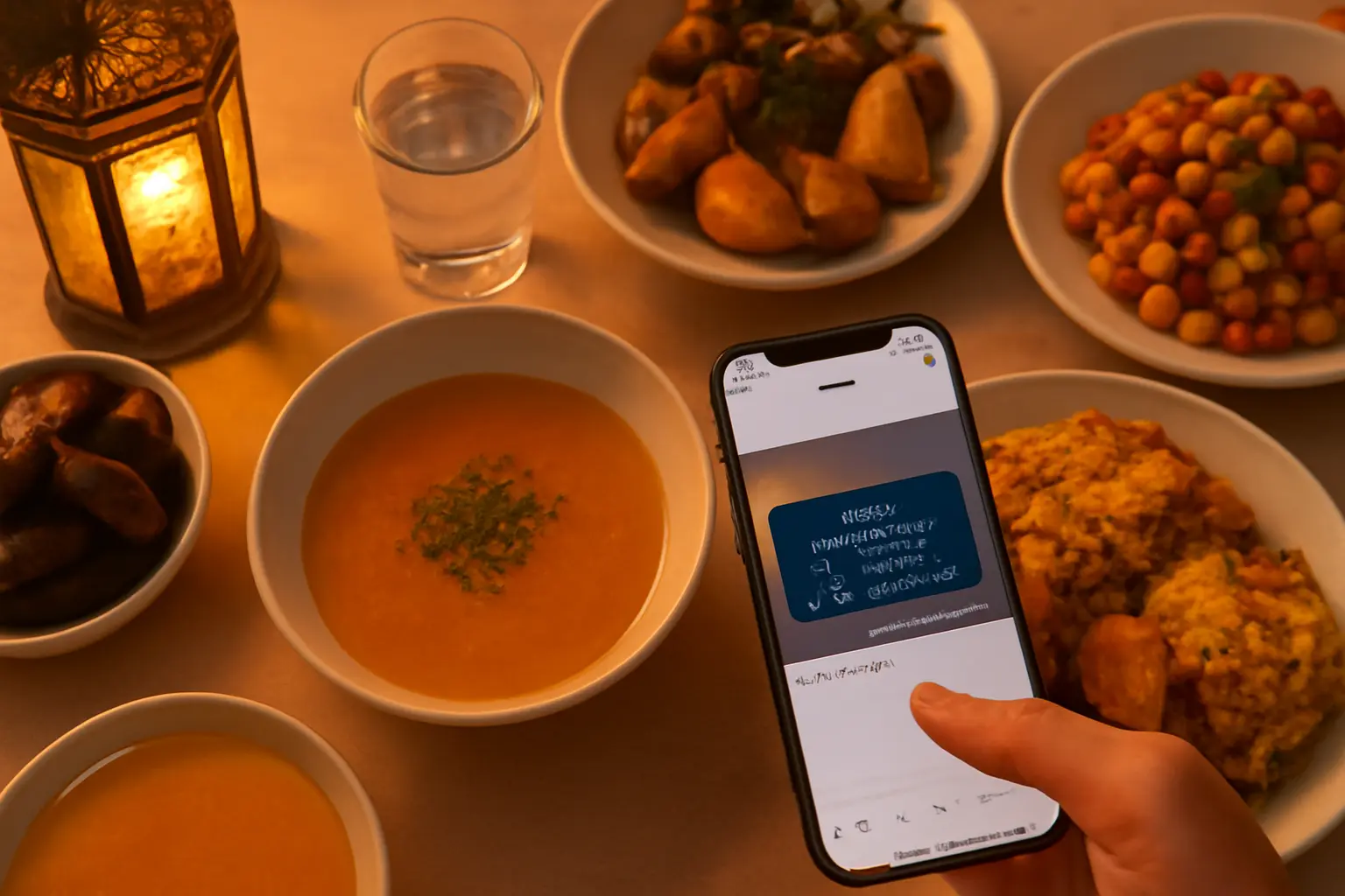 Overhead view of a Ramadan iftar table at sunset with food, dates, and a phone open to Instagram.