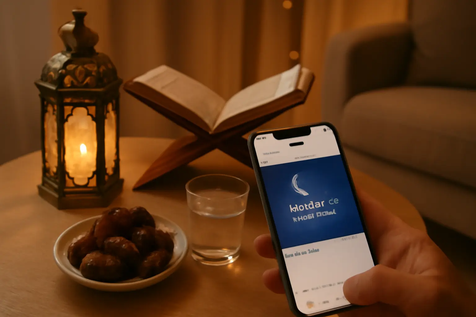 A cozy Ramadan setup with lantern, Qur’an, dates, and a phone showing a Ramadan Mubarak Instagram post.