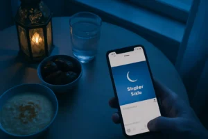 Overhead view of a Ramadan suhoor table with dates, porridge, water and a phone open to Instagram in soft pre-dawn light.