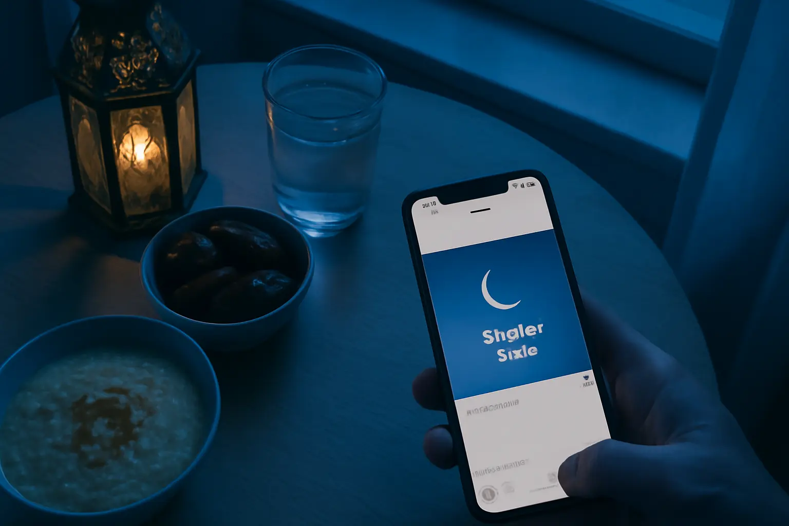 Overhead view of a Ramadan suhoor table with dates, porridge, water and a phone open to Instagram in soft pre-dawn light.