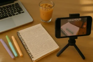 Overhead photo of a cozy study desk with laptop, notes, coffee, and a phone filming a study with me session.