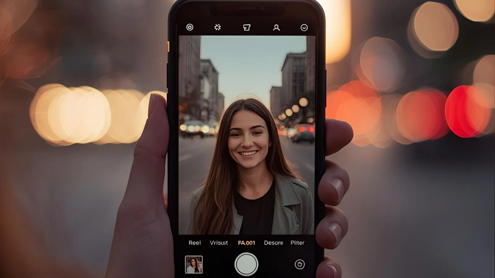 Girl recording an Instagram Reel at golden hour with city lights behind.