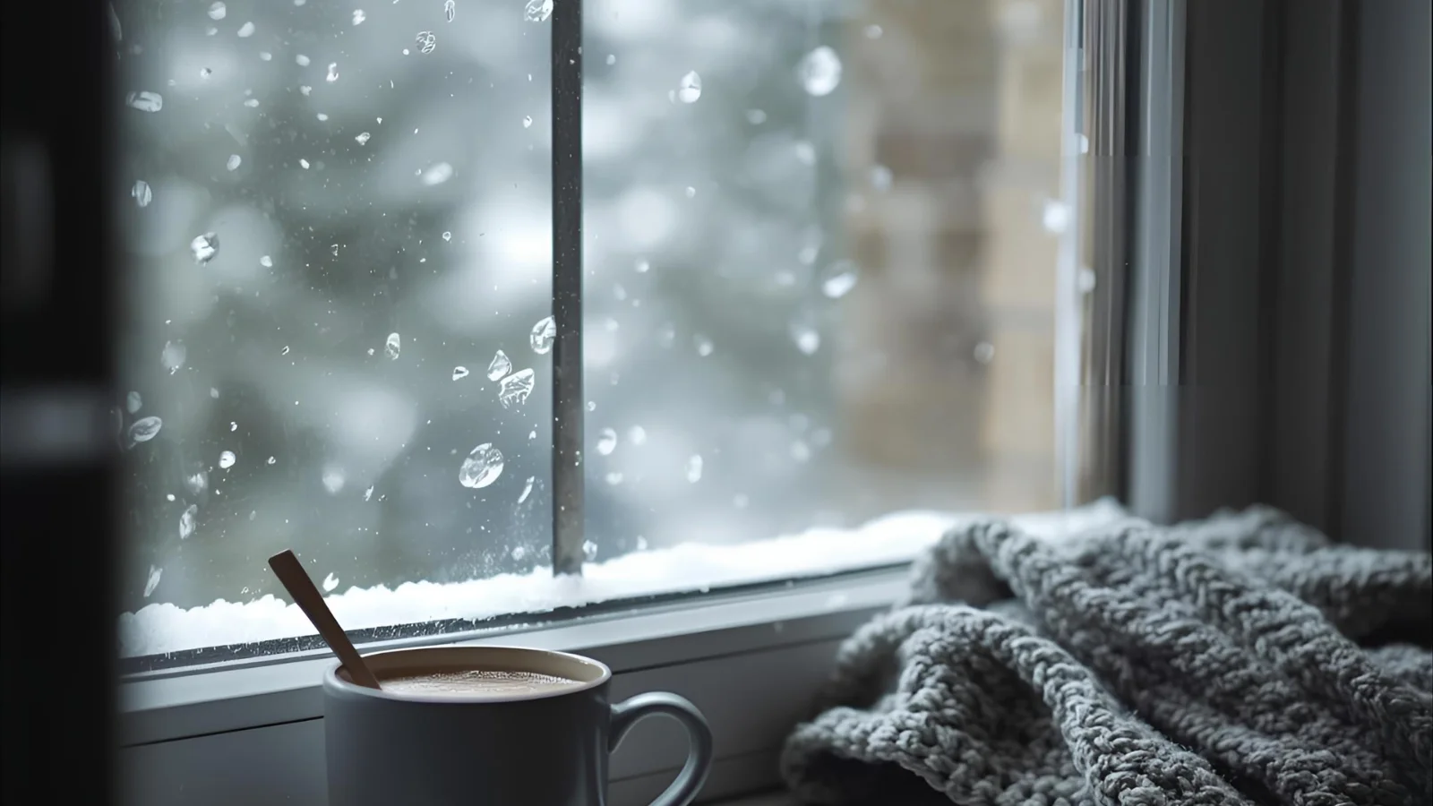 Mug and knit blanket by a snowy window, cozy caption mood.