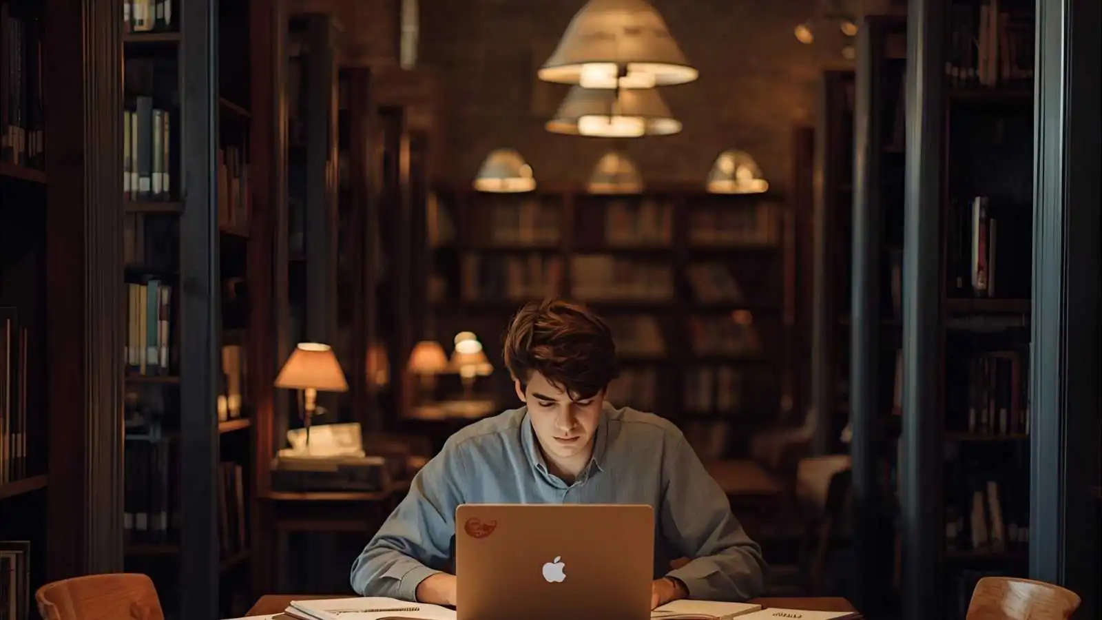 Student studying at a cozy campus library table with books, laptop and coffee under warm lamps.
