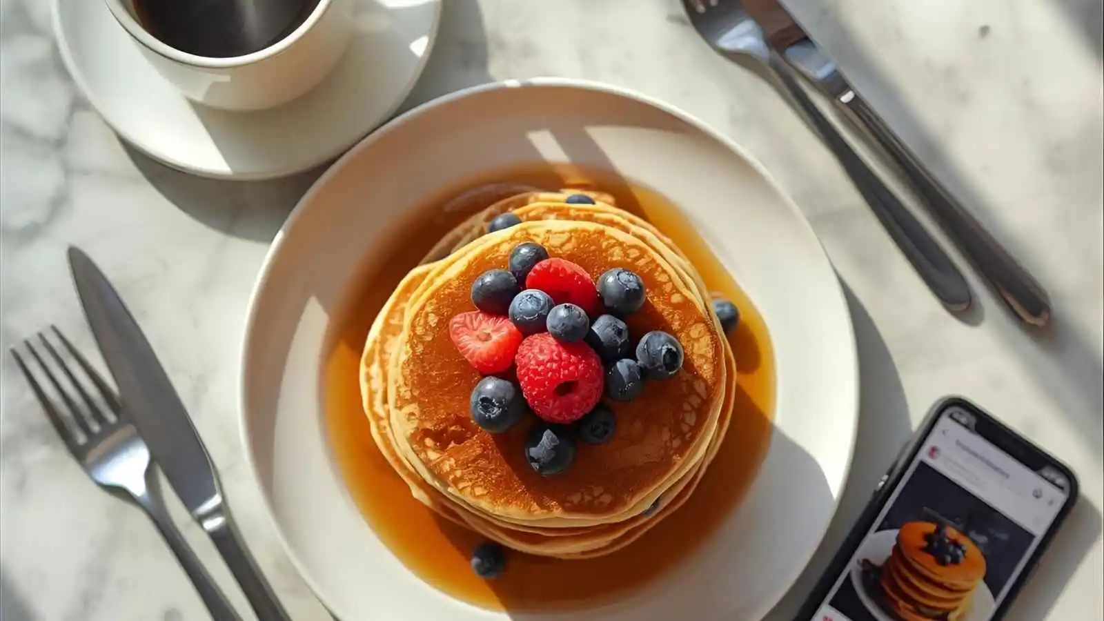 Overhead view of a pancake breakfast with berries, syrup, coffee, and a phone open to Instagram.