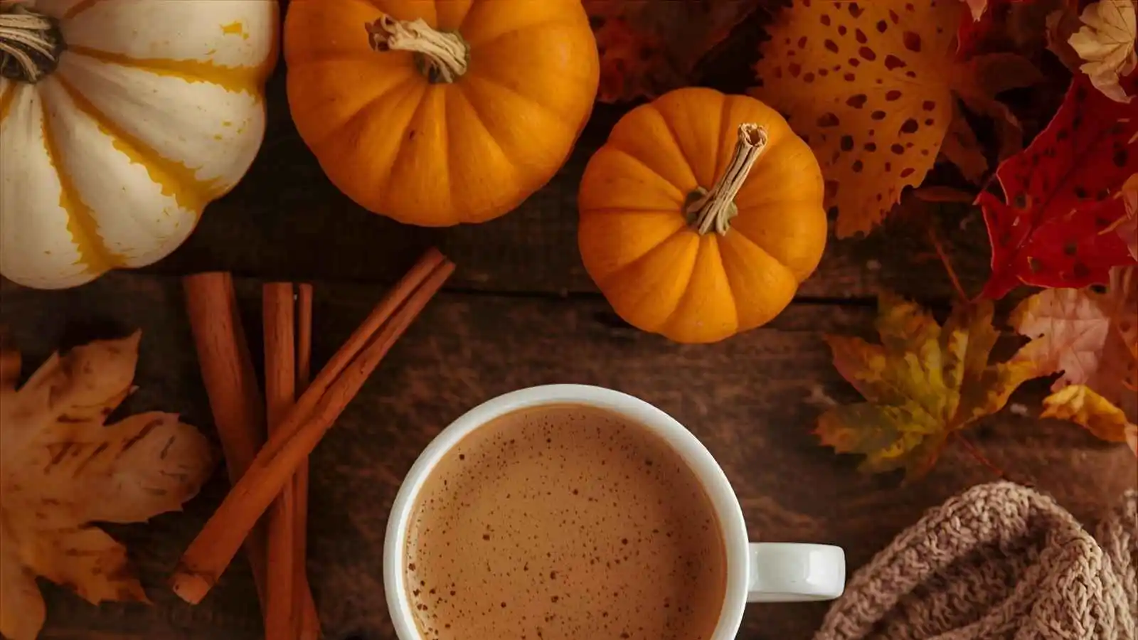Pumpkin spice latte with mini pumpkins, cinnamon sticks, and a knit sweater on a wooden table in fall.