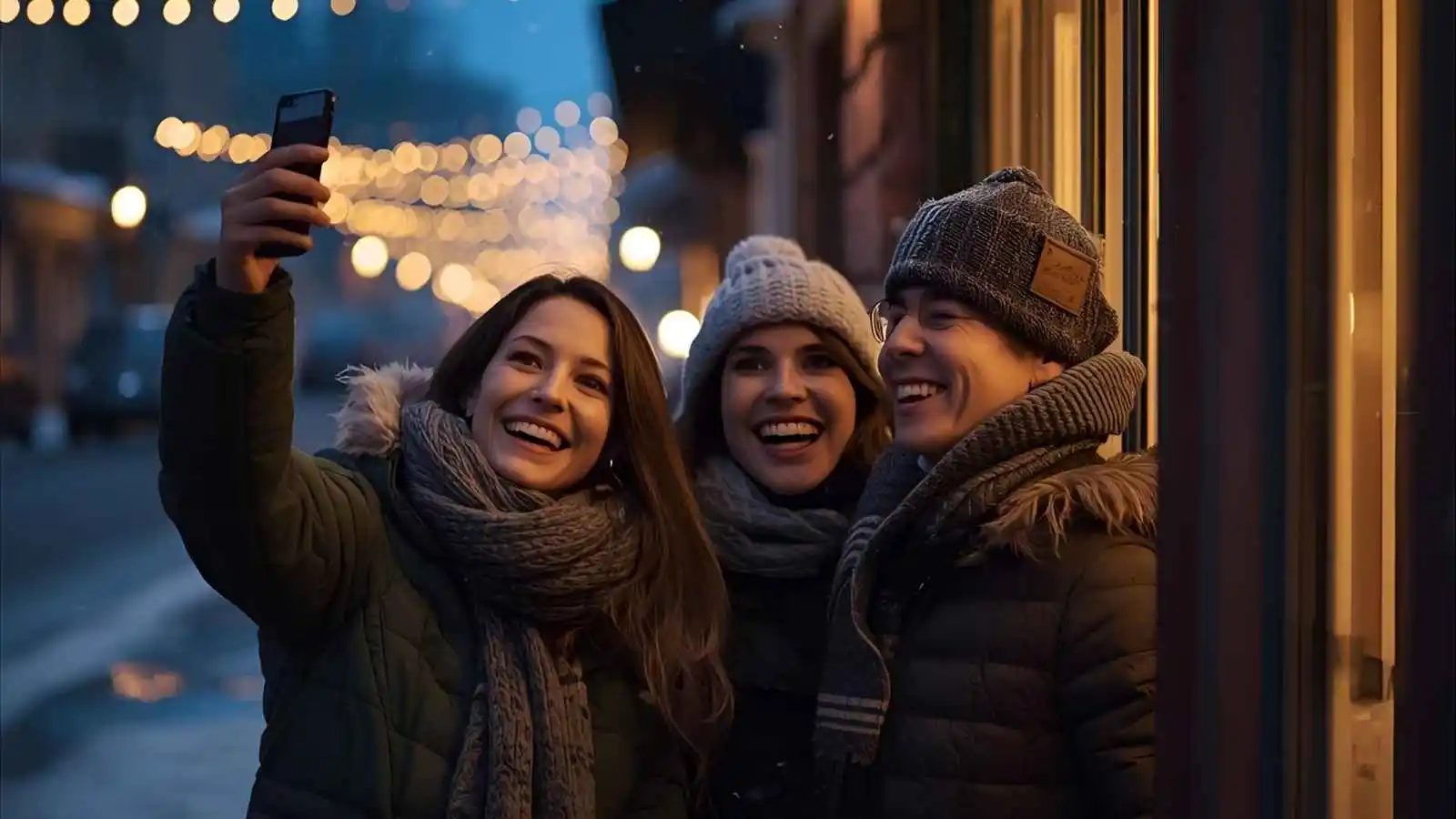 Friends bundled in winter coats laughing on a snowy street while taking Instagram photos under string lights.