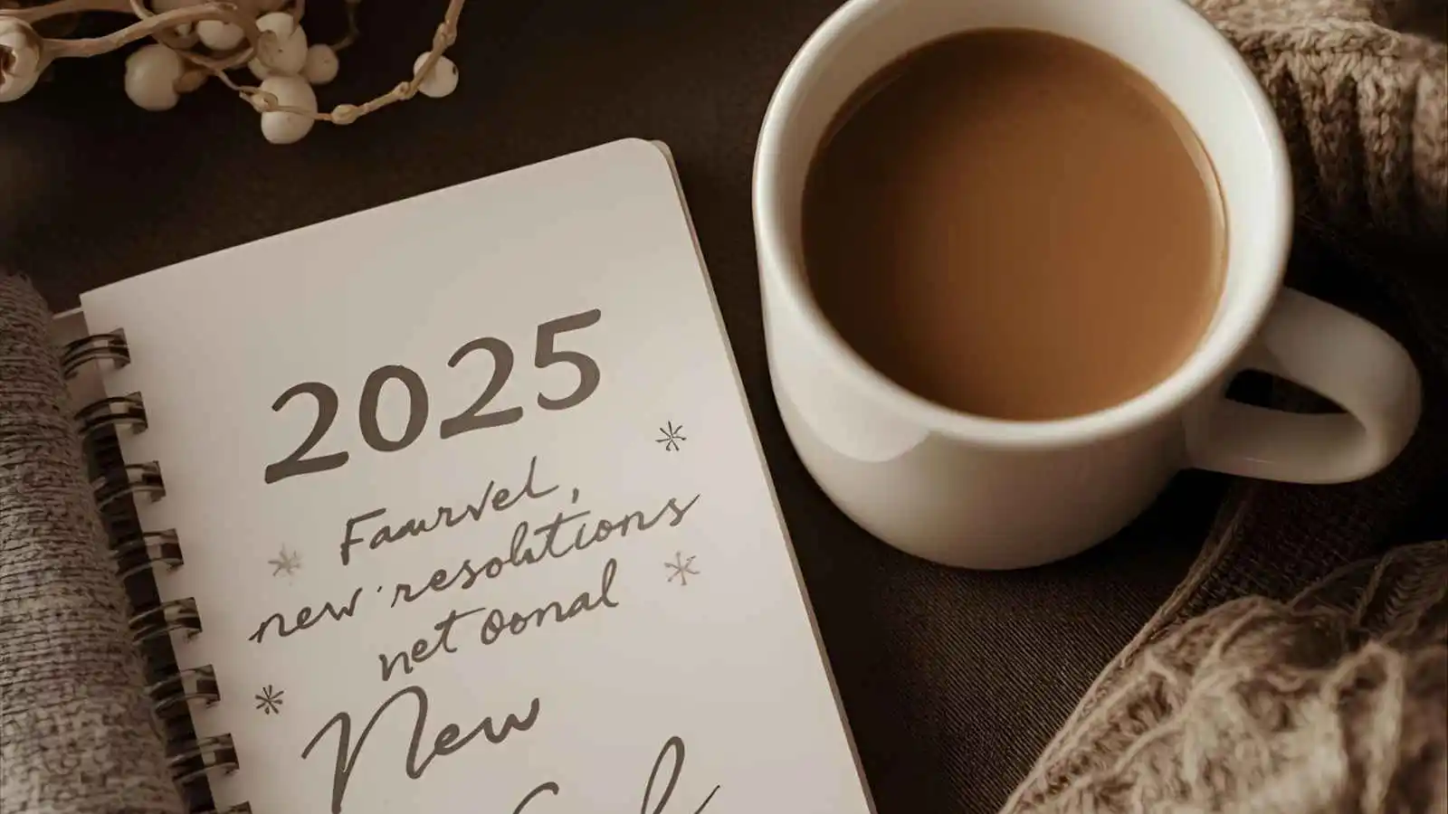"Cozy setup with coffee and a journal for New Year's resolutions and goal-setting."